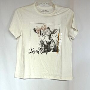 Vinyl Threads Womens Locals Only Cow Graphic T-Shirt Off-White Small NEW